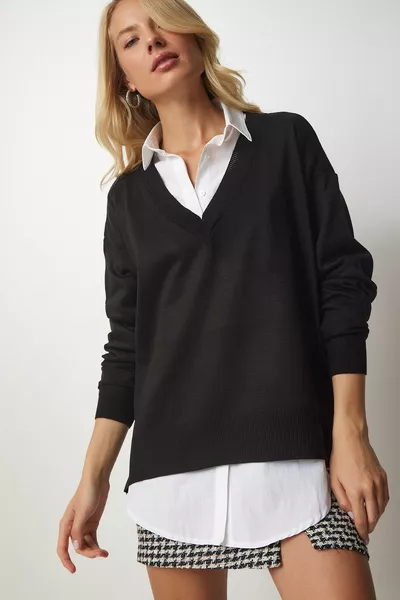 Maglione in maglia oversize con scollo a V nero da donna 