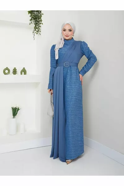 فستان سهرة مطوي لامع  نيلي