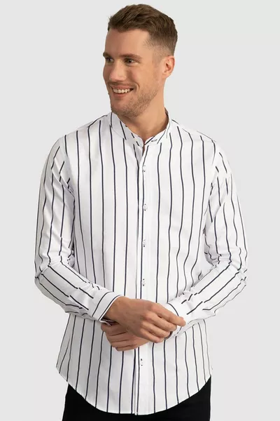 سليم صالح كم طويل القاضي طوق القطن سهلة الكي مخطط الرجال قميص أبيض