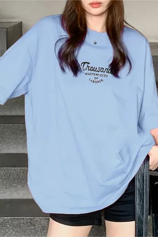 ألف تي شيرت جيرسي واحد - بيبي بلو مطبوع كبير الحجم طاقم الرقبة قصيرة الأكمام تي شيرت