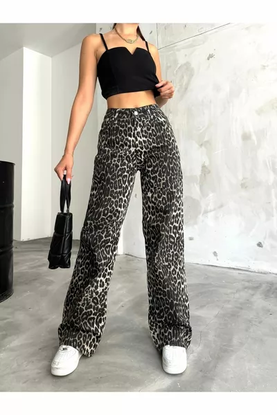 Damen Leopardenmuster Hohe Taille Lycra Hose Palazzo Hose mit weitem Bein