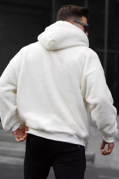 Ecru pluche overfit herensweatshirt met capuchon en ritssluiting 