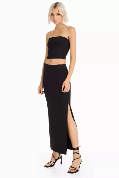 Women's Black Side Long Skirt with Deep Slit
