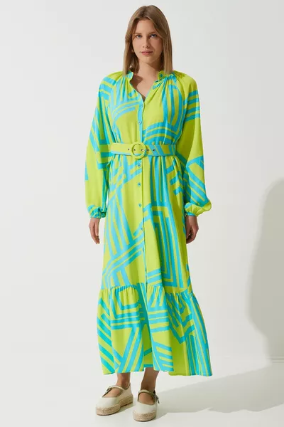 Women's Oil Green Belted Oversized Summer Viscose Dress 