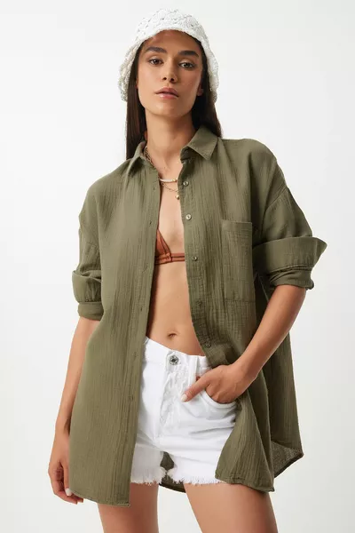 Oversize Basic Muslin Shirt Khaki 