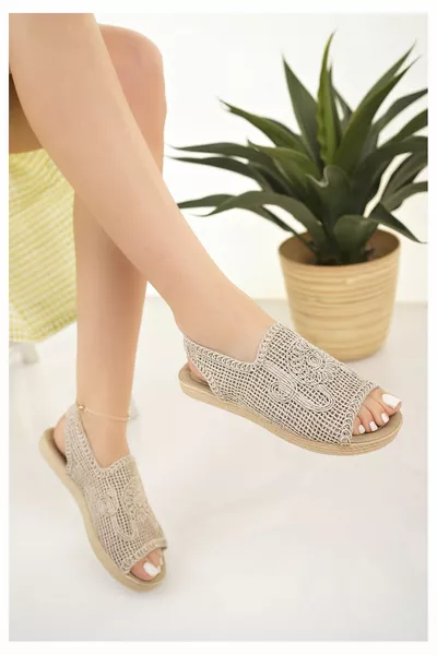 المرأة الصنادل القش البيج متماسكة الدانتيل تريكو مطرزة الموسم الجديد الشاطئ عطلة الصنادل