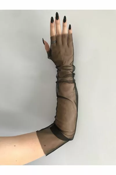 قفازات تول طويلة سوداء قفازات مساء بدون أصابع زي التبعي