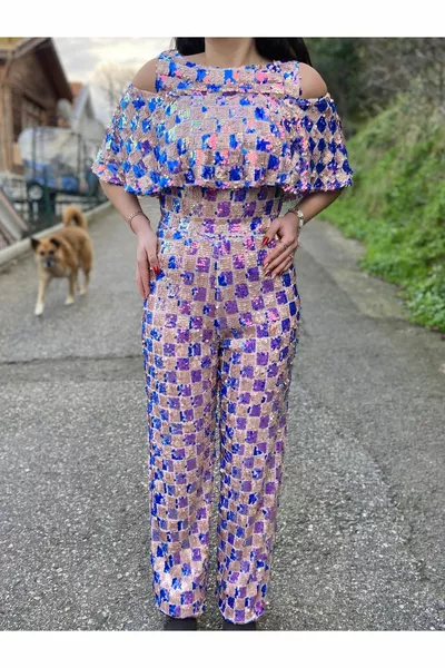 Mehrfarbiger Damen-Jumpsuit mit Paillettenbestickung in Sonderedition