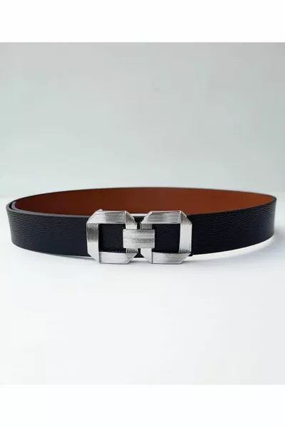 Women's Silver Buckle Two-Way Black-tan Belt