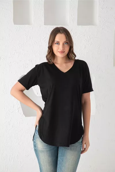 Donex Damen Schwarzes T-Shirt mit Schlitz und V-Ausschnitt