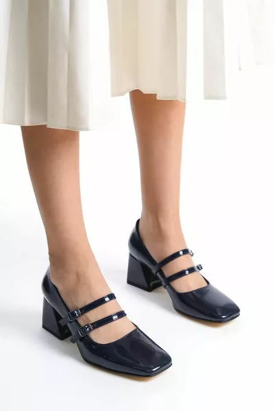 Culia Темно-синий лакированная кожа Мэри Джейн Двойная лента тупой носок на каблуке