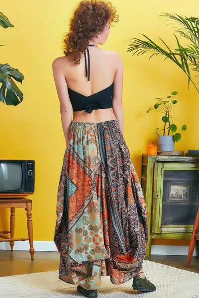 Tasca in stile bohémien Etnico dettagliato Autentico fantasia elasticizzato vita normale Casual elegante e fresco Gonna lunga larga