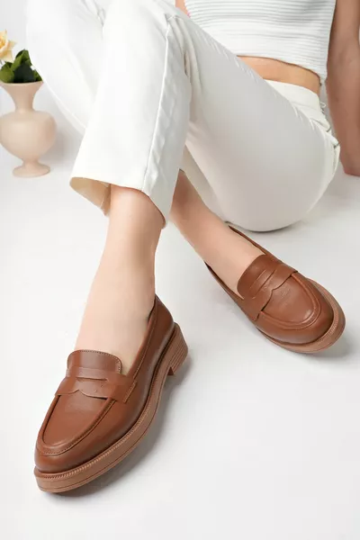 Cuir véritable Tan Chaussures Femme Mocassin