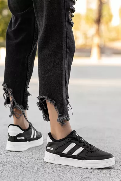 Damen Schwarz und Weiß gestreift Lässige einfarbige Turnschuhe Hohe Sohle Schnürung Klassischer Sneaker