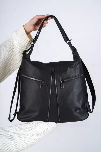 Donna Morbida Pelle Lavata Nera Sia Manica Che Zaino