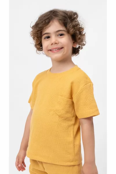 Waffle Image Poche Coton Détaillé Été Bébé Enfants Short Ensemble-Marron