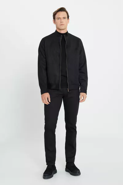 Herren Schwarz Standard Fit Normaler Schnitt Stehkragen Wildleder Jacke Mantel