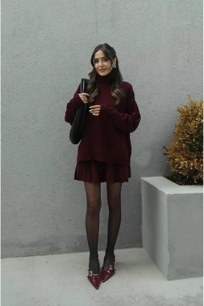 Bourgogne plissé Mini jupe pêcheur pull haut bas tricots ensemble