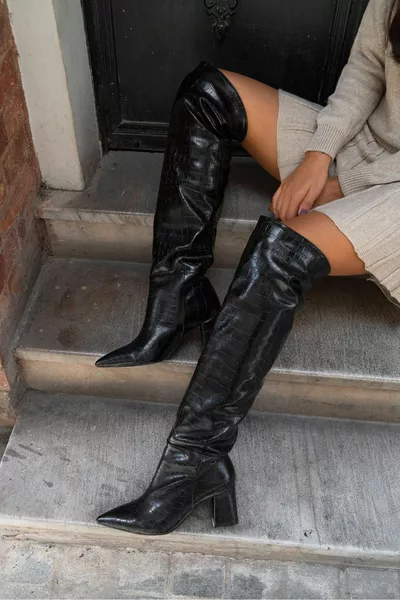 Berny Black Patterned Pointed-toe Women's Heeled Boots