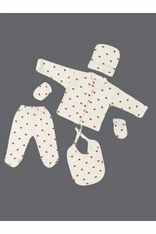 5 Parça Kutulu Yeni Doğan Hastane Çıkışı Zıbın Set Fitilli Kumaş A Ekru Kırmızı Kalp