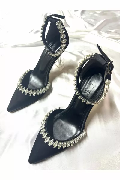 Lady Satin Black Crystal Stone 8 см прозрачни вечерни обувки на ток със заострени пръсти