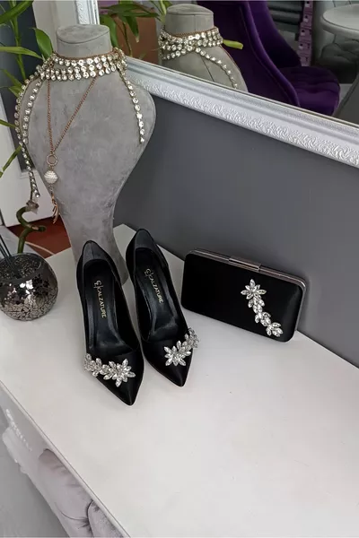 Set Borse in Raso Nero cm Tacchi Champagne Star Stone Stiletto Scarpe Donna