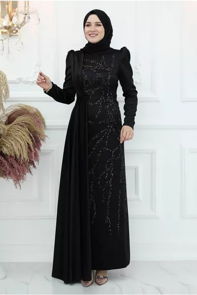 ZWARTE GEBORDUURDE GEDETAILLEERDE AVONDJURK VOOR DAMES T 