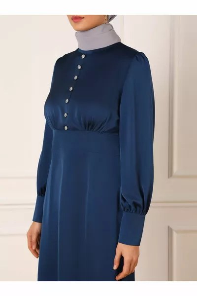 فستان سهرة محجب بأزرار حجرية مفصلة - أزرق كحلي - Refka