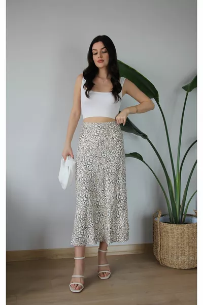 Julidress Бежово бяло леопардово принтиране Verev Cut Ластик талия Здрава материя Midi Length Премиум сатенена пола