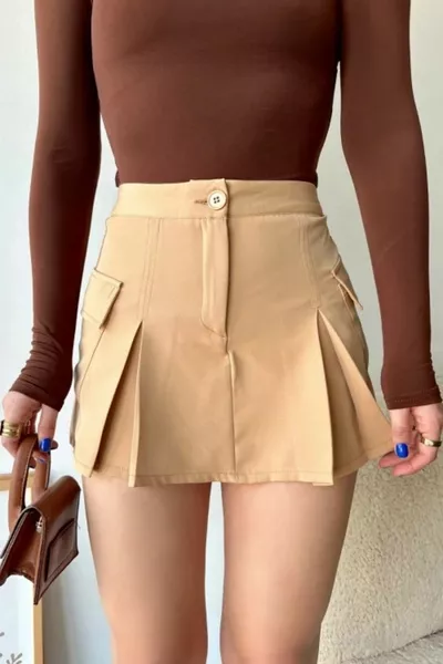 Beige Cargo Pocket Pleated Mini Shorts Skirt ()