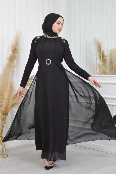 فستان سهرة شيفون بحزام مع أحجار على الكتفين - Mihrimah Model