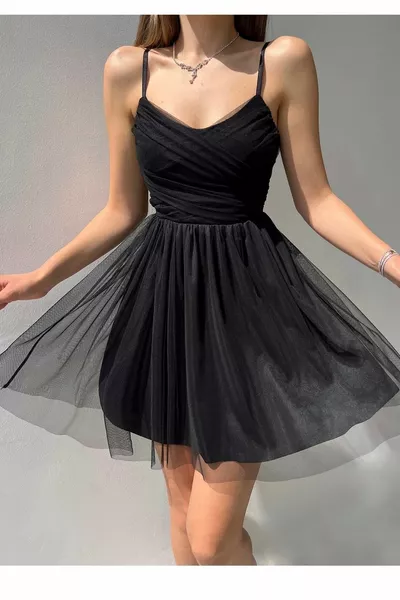 Gefütterter Tüllstoff Prinzessin Design Schwarzes Abendkleid Schwarzes Abschlusskleid 