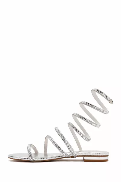 نسائي صنادل حجرية بحزام الكاحل فضي ts