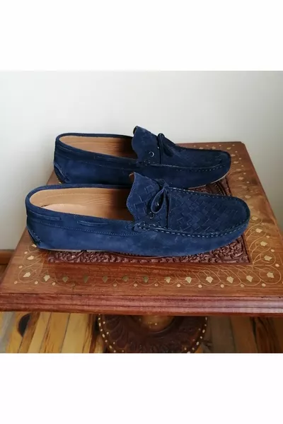 Unisex Genuine Leather Suede Navy Blue Hand Knit Flat Combination Bias Lace Ornamental Rubber Snap Sole Loafer