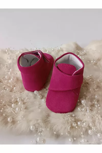 Bottes pour bébé en cuir véritable Velcro Daim Fuchsia