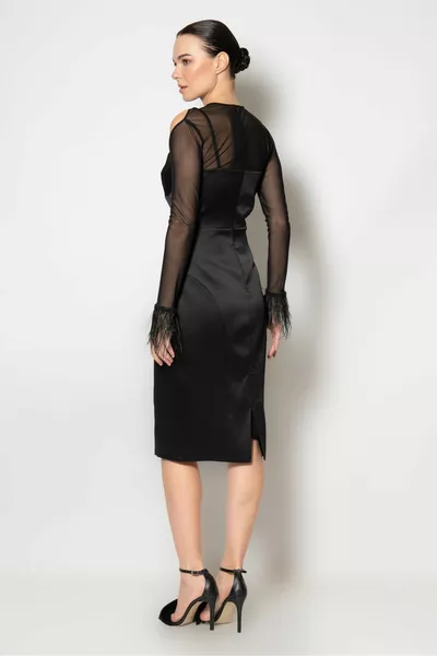 Satin midi length evening dress with feathered tulle bolero details at the cuffs