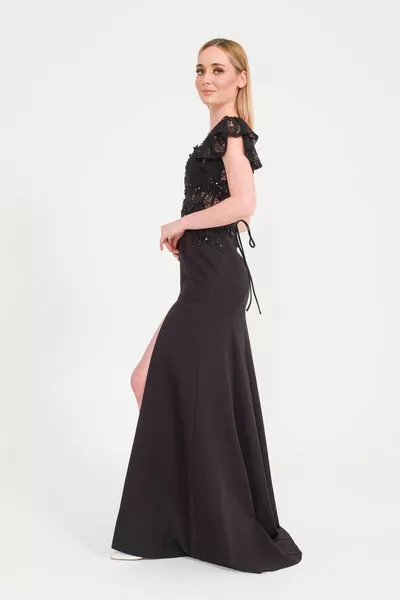 Black Madonna Collar Stone Detailed Evening Dress
