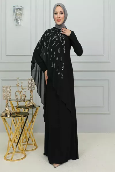 Magnifique robe de soirée hijab avec pierres avec détails en mousseline de soie et tissu crêpe