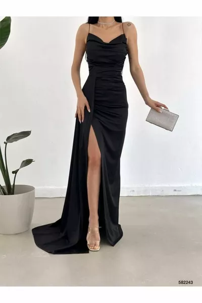 Degaje яка тънък каишка сатен опашка подробно мода вечерна рокля