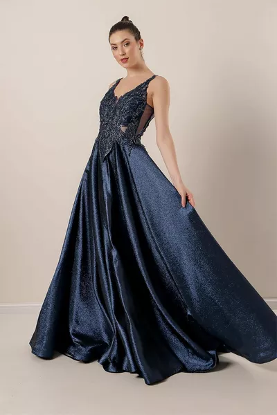 Long Glitter Dress with Beaded Top and Tie Back Lined Navy Blue