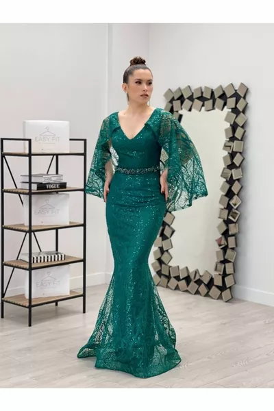 Lace Sequin Fabric Belt Jeweled Fish Dress - Emerald Green