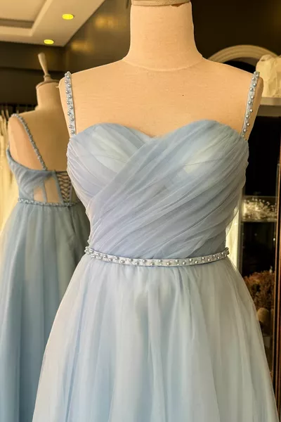 الجليد الأزرق رايات واللؤلؤ مفصلة تول فساتين السهرة وفساتين الزفاف