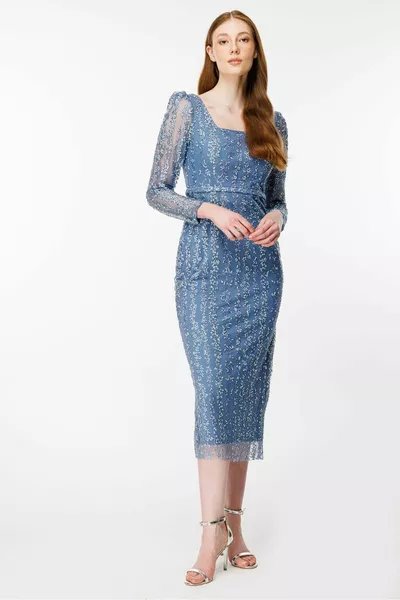 Square Collar Embroidered Pencil Evening Dresses - AMETİS