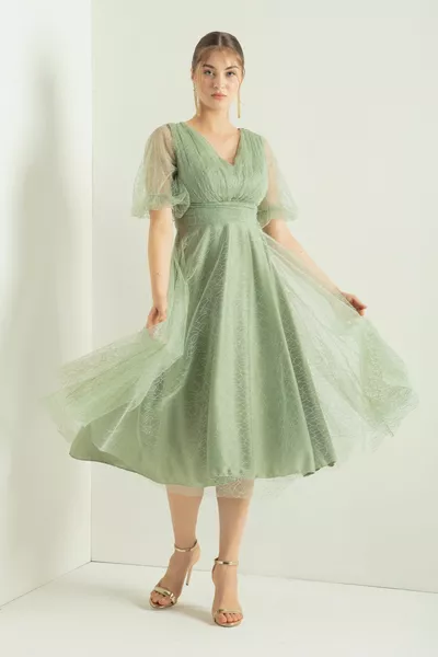 المرأة النعناع الأخضر بالون الأكمام بريق مساء اللباس