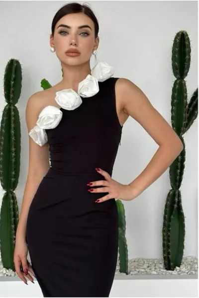 واحد الكتف الأبيض روز مفصلة قسط ميدي اللباس اللباس