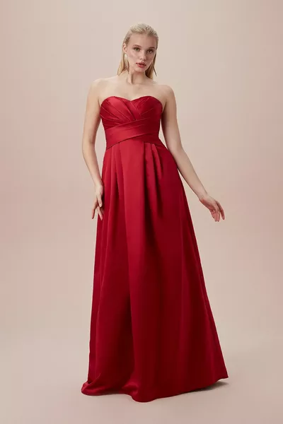 Red Strapless Draped Satin Long Evening Dresses