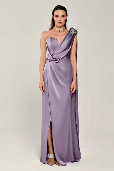 Off-the-shoulder stone laced satin dress