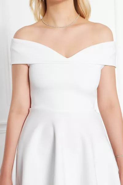 المرأة مرنة سكوبا النسيج حمالة طوق الأبيض مساء اللباس الأبيض فستان الخطوبة فستان الزفاف 