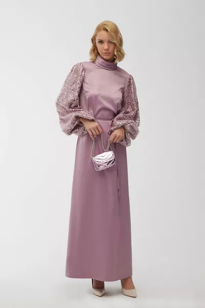 Stone Embroidered Evening Dress Lavender