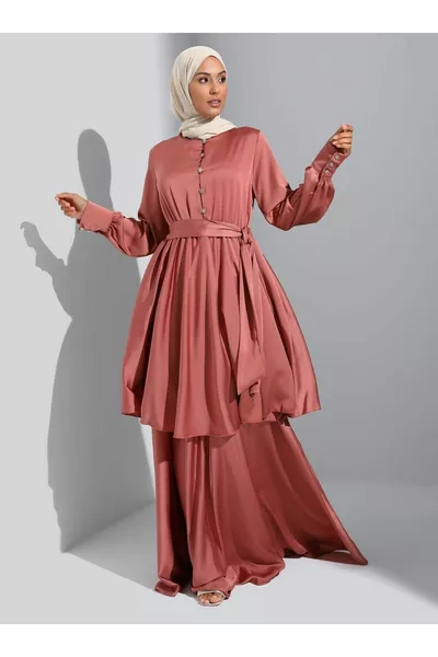 Stone Detailed Layered Satin Hijab Evening Dress - Copper - Woman